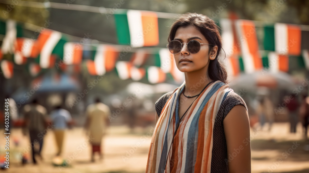 AI generated Young indian woman with orange scarf and sunglasses walking in the park AI generated Young indian woman with orange scarf and sunglasses walking in the park