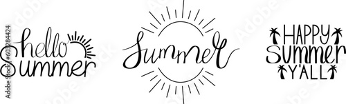 Summer hand drawn brush letterings set. Summer typography - hello summer, summer and summer yall. Sun and palm.