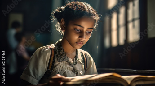AI generated Young Indian woman reading a book in the library. Education concept