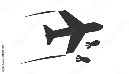 Air bomb icon on light background. War symbol. Plane drops bombs, bombardment. Outline, flat and colored style. Flat design. Vector illustration.