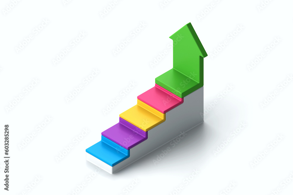 3d colorful business infographic element. Ladder of progress, career growth, financial success, consisting of 5 steps, with an arrow tending upward. 3d rendering