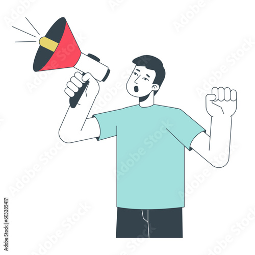 Asian young man shouting megaphone flat line color vector character. Editable outline half body person on white. Announcement, protest simple cartoon spot illustration for web graphic design