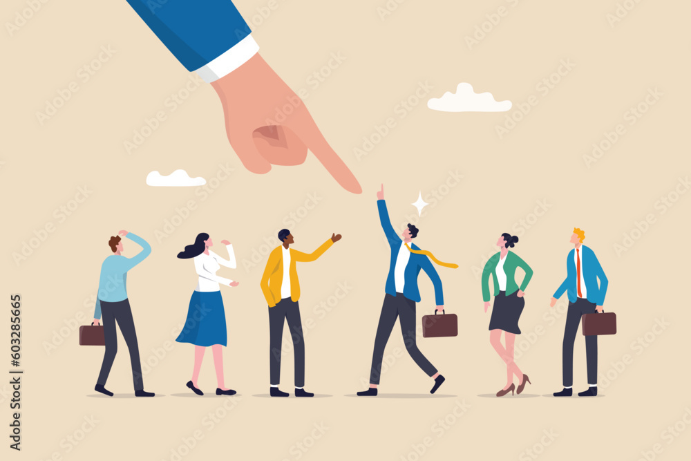 Choose candidate for job position, HR, human resources recruitment or hiring new employee, career opportunity or interview, talent or headhunter concept, businessman pointing at chosen candidate. - obrazy, fototapety, plakaty 