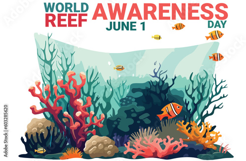 fish and algae on the background of reefs. Underwater ocean scene. blue water, coral reef and underwater plants. a vector seascape with reef. to celebrate world reef awareness day june 1