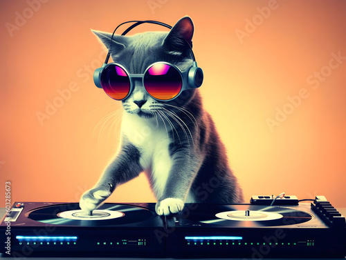 Pet cat with dj mixer. Playing electro dance music. AI generated.