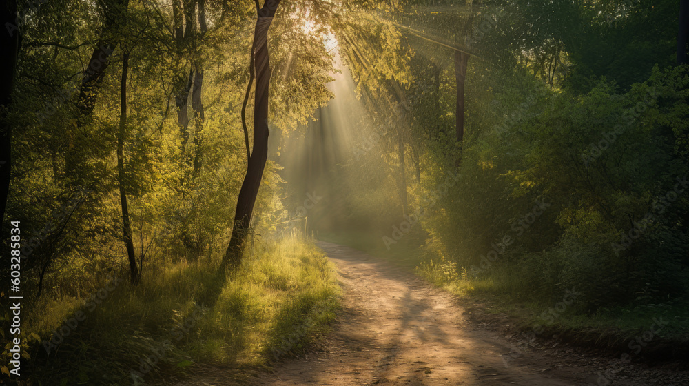 Naklejka premium Footpath in forest with sunbeams