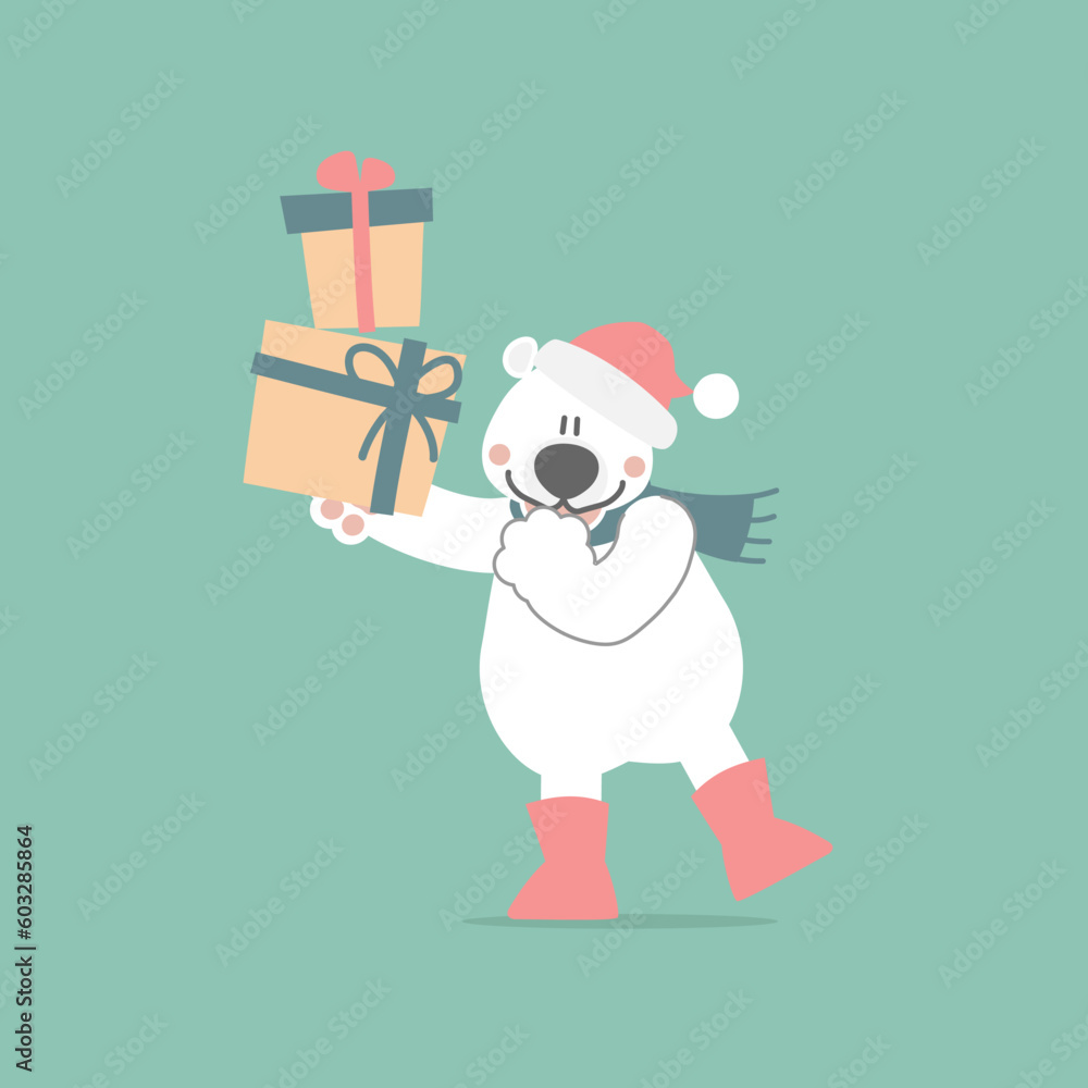 merry christmas and happy new year with cute polar polar bear and present gift box in the winter season, flat vector illustration cartoon character costume design merry christmas and happy new year with cute polar polar bear and present gift box in the winter season, flat vector illustration cartoon character costume design