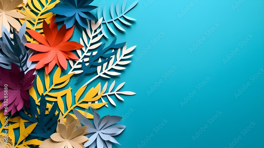 Top view of colorful paper cut flowers with green leaves on blue background with copy space. Generative AI Image. Top view of colorful paper cut flowers with green leaves on blue background with copy space. Generative AI Image.