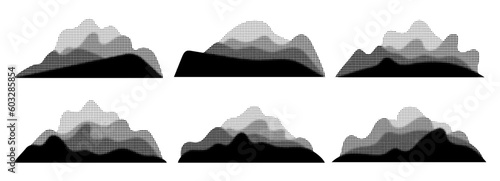 Halftone mountain with range dot grunge texture. Abstract noisy hill background. Art dotwork. Gradient sand pattern. Retro monochrome wave vector illustration. Summit shape  bw grainy landscape  rock