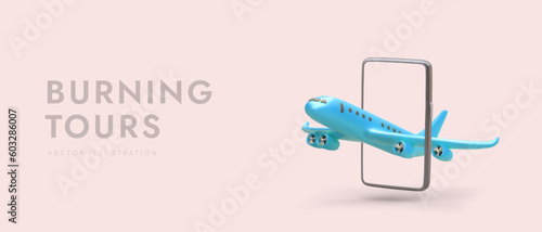Burning tours. Possibility to choose trip at reduced price. Application for finding discounts on flights. Site for booking last minute tour. Color advertising template with 3D airplane and smartphone