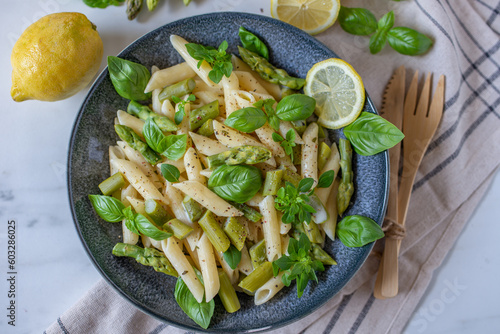 Pasta primavera with asparagus, snap peas photo