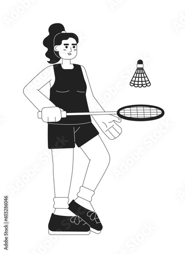 Young sportswoman playing badminton monochromatic flat vector character. Female athlete hitting shuttlecock. Editable thin line full body person on white. Simple bw cartoon spot image for web design