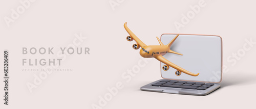 Book your flight. Illustrated advertisement for buying tickets online. Modern way to buy ticket through app. Color template with 3D elements in cartoon style