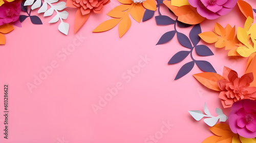 Top view of colorful paper cut flowers with green leaves on blue background with copy space. Generative AI Image.