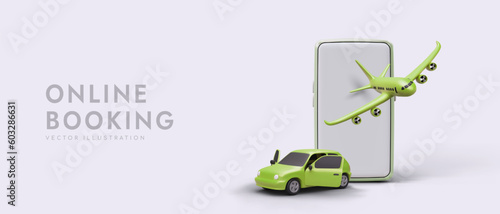 Phone application for booking tickets online. Travel by different vehicle. Flights and relocations. Vector advertisement with 3D plane, car, smartphone. Modern way to buy tickets in advance