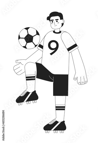 Young brazilian footballer kicking soccer ball monochromatic flat vector character. Male soccer player. Editable thin line full body person on white. Simple bw cartoon spot image for graphic design