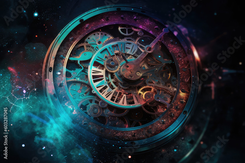 Clock and clock gears in space. Futuristic abstract background. Vibrant colors. Time and universe concept  generative AI