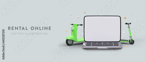 Online rental of single seater vehicles. Rental of various types scooters through site. Electric and kick models. Horizontal template for website design