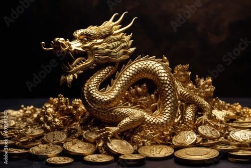 Chinese dragon surrounded with golden coins. Wealth concept, generative AI