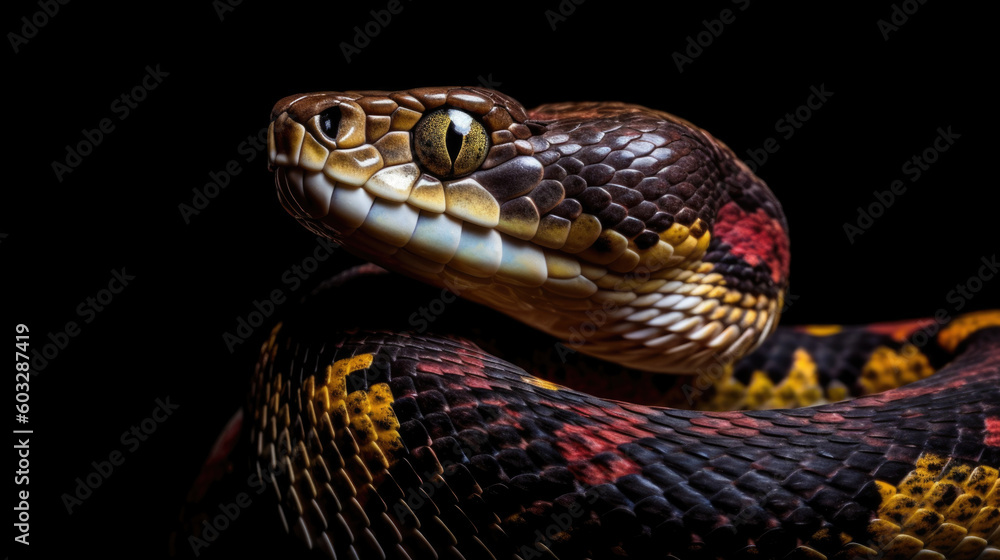 close up of a snake on a black background close up of a snake on a black background