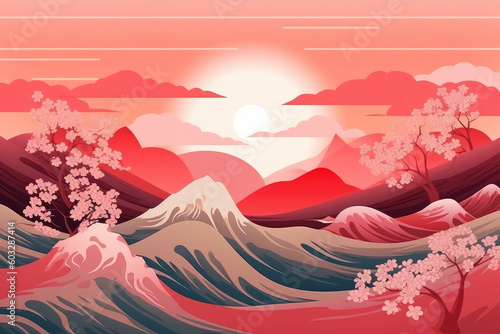 Fuji, waves and cherry blossoms in pastel colors of first sunrise New Year's card. vector illustration, generative AI © Kien