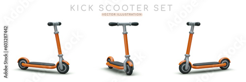 Set of 3D kick scooters. Front and side view. Modern ecological vehicles for moving around city. Urban transport for adults and children. Illustrations for web design, advertising banners