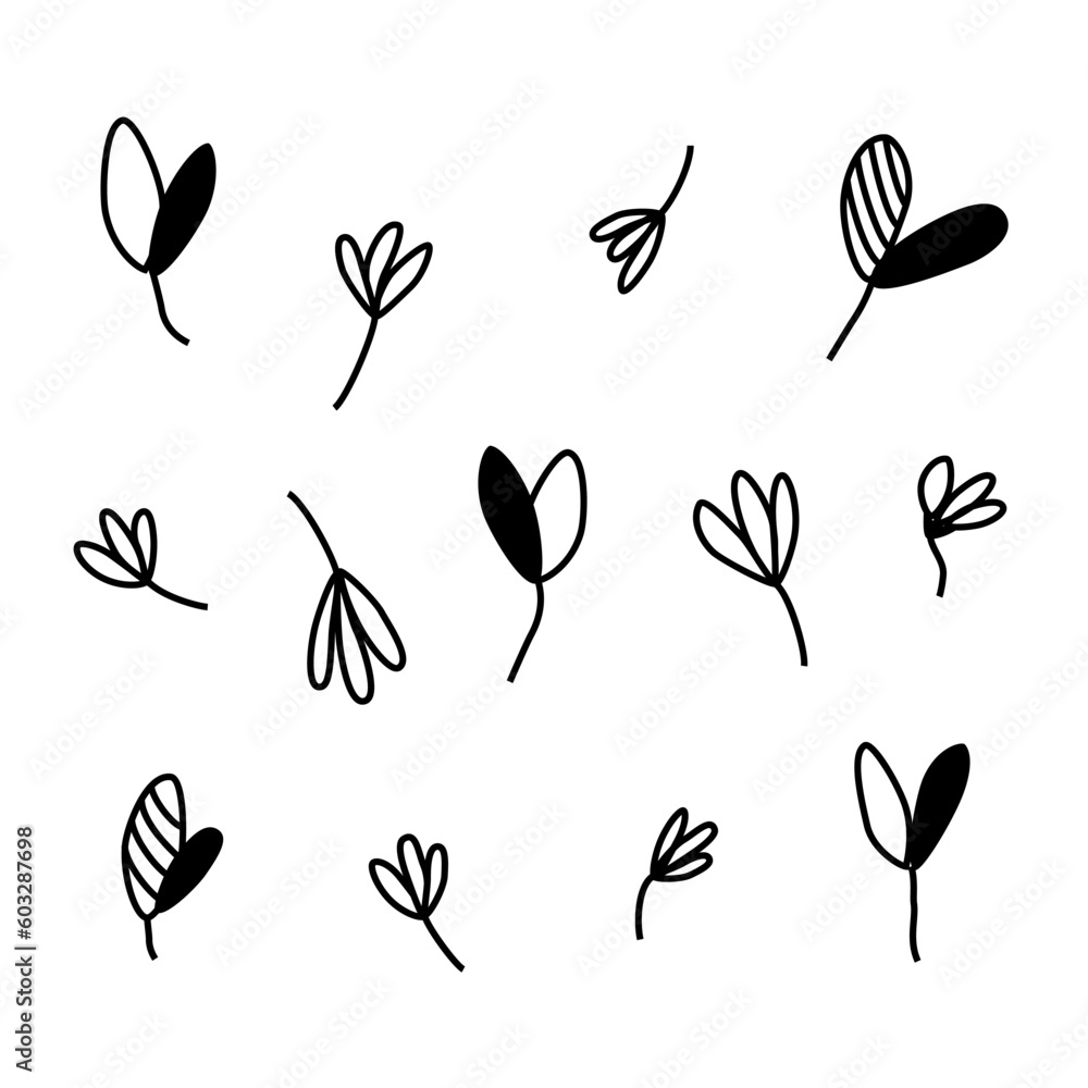 A hand-drawn set of small leaves. Vector illustration