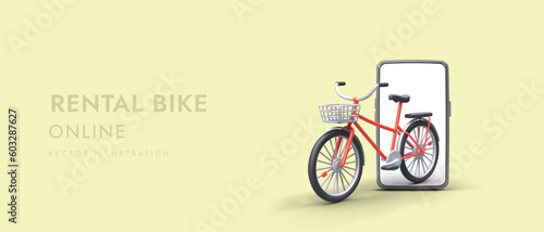 Bicycle sharing system. Bike rental of various types. Template for advertising web site of eco vehicles. Phone app for cycle rental. 3D illustration on colored background