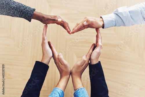 Fotografie Community, heart or hands of business people in support for trust, teamwork or diversity inclusion in office