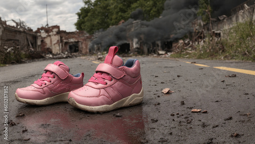 closeup of pink abandoned child shoes on dirty road in city ruins landscape destroyed by war, generative AI