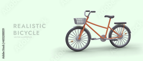 Horizontal banner template with 3D bicycle. Realistic bike with basket and trunk. Vector color illustration. Template for advertising healthy lifestyle, environmentally friendly personal vehicle