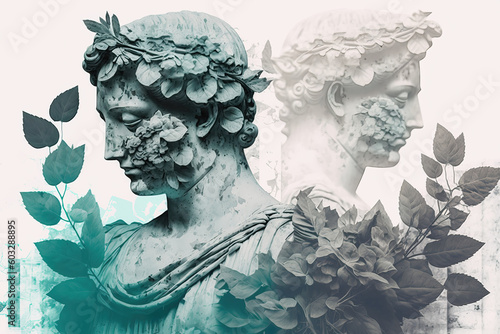 collage of greek statue and flowers, ai generated