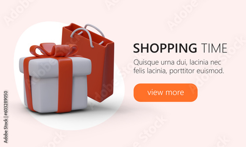 Gifts for purchase. Bonus program for regular customers. Promotional banner. 3D image of gift box and package. Time to shop. Profitable offer. Loyalty program. Vector template for modern advertising