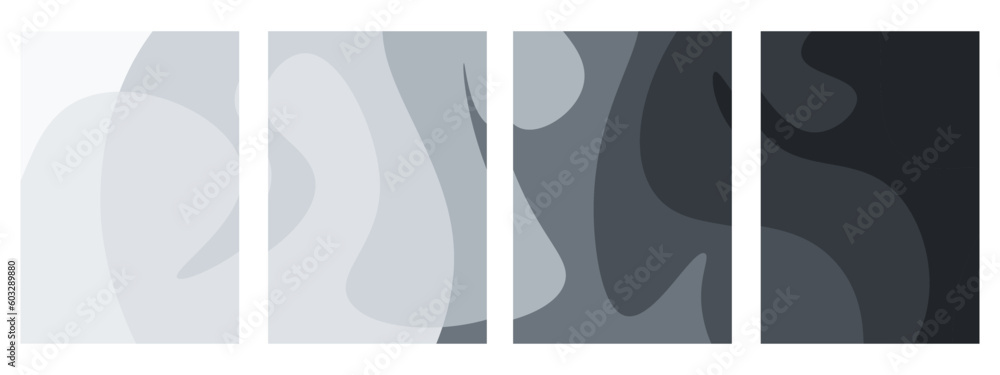 Black and white abstract background. Fluid wavy shapes. Vector collection. Templates for celebration, ads, branding, banner, cover, label, poster, sales