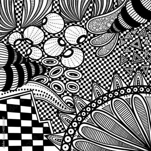 Black and white abstracted line draw patterns or doodle.