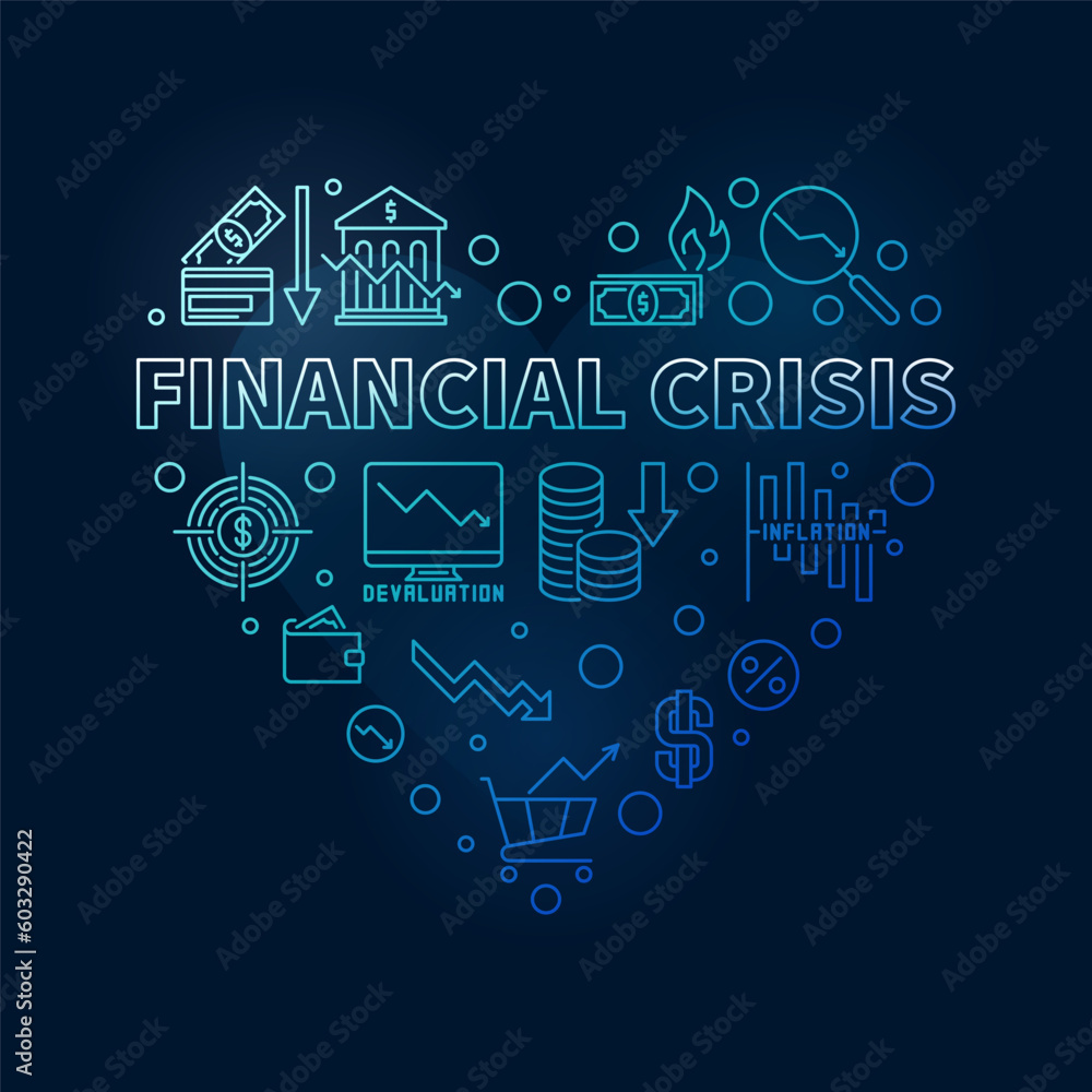 Financial Crisis vector concept heart shaped blue banner. Economy Recession illustration