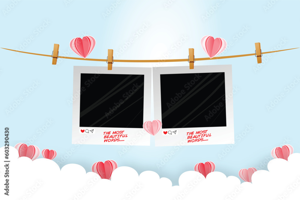 valentine background, love, love couple, Horizontal banner with pink sky and paper cut clouds and hearts. Place for text, photo frame, Rose cloudscape border pastel color frame. - obrazy, fototapety, plakaty 