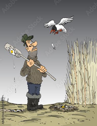 Man with oar and  ruined bird-seagull nest