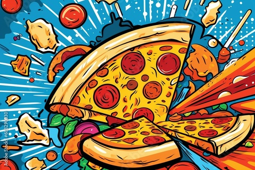 Pizza in comic pop art style illustration, generative ai
