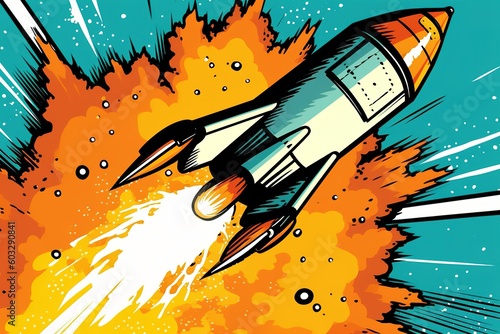 Rocket in comic pop art style illustration, generative ai