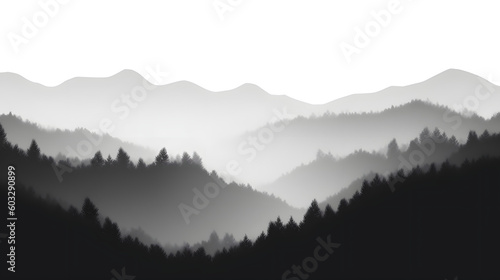 Ai generated  Ethereal Whisper  Subtle Monochrome Gradient  mountain view  misty and foggy  with trees  Simplicity s Grace  Black and White Gradient