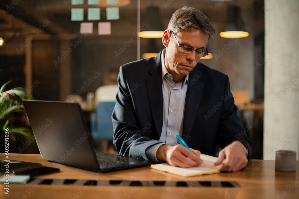 Fototapeta premium Businessman working with laptop at office. Businessman sitting at office desk working on laptop computer..