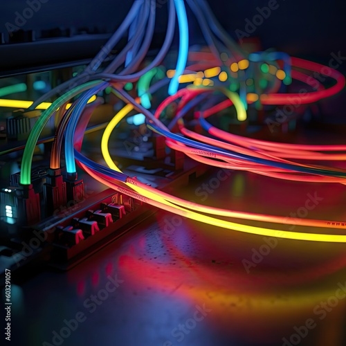 Digital data cable connection. Desktop, server, cyberpunk concept. Colorful neon colors plastic wires connected to computer supply inside . Red, yellow, green, blue lights. AI generative art photo