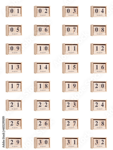Wooden calendar, set of dates for the month of August 01-32, png on a transparent background, white, close-up photo