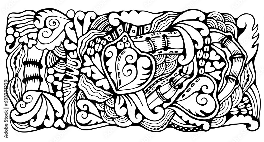 Cartoon doodle designe pattern. Detailed compositions with lot of flower, leaf and symbols. Horisontal banner. Template for card, invitation Cartoon doodle designe pattern. Detailed compositions with lot of flower, leaf and symbols. Horisontal banner. Template for card, invitation