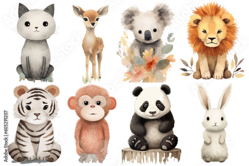 Watercolor set of Cute Baby rabbit, lion, tiger, monkey, koala, cat, panda, deer Safari Animals. Cartoon animal for decoration design. Cute animals vector set. Hand-drawn watercolor illustration © Mark