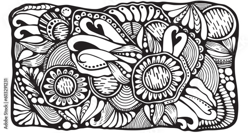 Cartoon doodle designe pattern. Detailed compositions with lot of flower, leaf and symbols. Horisontal banner. Template for card, invitation