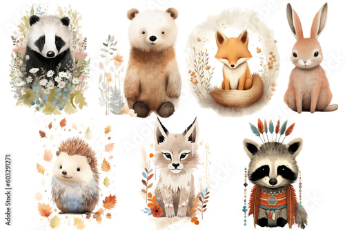 Watercolor set of Cute Baby fox, raccoon, lynx, hedgehog, badger, hare, bear Safari Animals. Cartoon animal for decoration design. Cute animals vector set. Hand-drawn watercolor illustration © Mark
