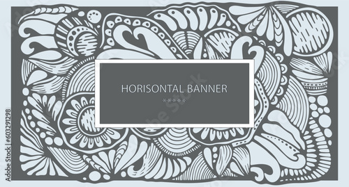 Cartoon doodle designe pattern. Detailed compositions with lot of flower, leaf and symbols. Horisontal banner. Template for card, invitation