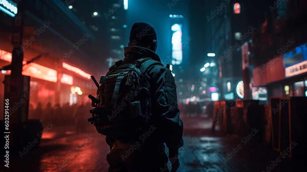 From behind, a soldier is viewed in a dark city street at night, in a cyberpunk style, generative ai From behind, a soldier is viewed in a dark city street at night, in a cyberpunk style, generative ai